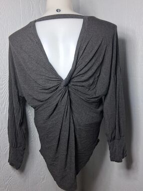 Three Bird Nest Twist Back Top XL Gray Boho Open Back Draped Rayon Blouse